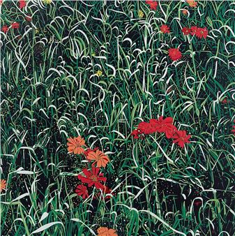 A dense, stylized botanical illustration of tall grasses and vibrant red flowers against a dark background.