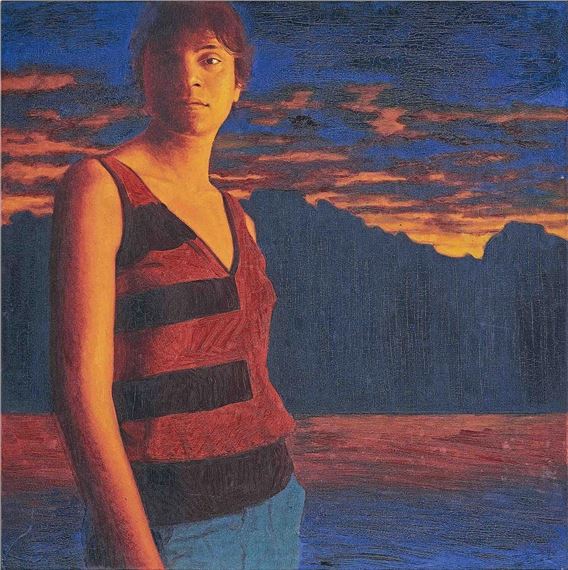 A figure in a striped tank top stands against a dramatic sunset landscape.
