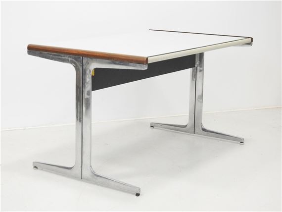Rectangular desk with double aluminum legs, white melamine top covered with glass slab - George Nelson