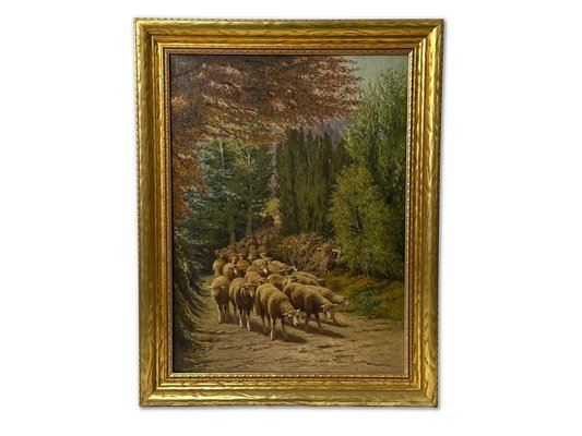 "A pastoral painting of a flock of sheep moving along a forest path, framed in ornate gold."