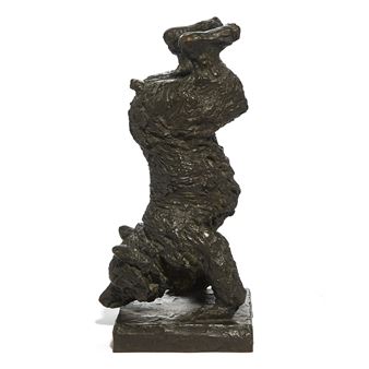 A bronze sculpture of a bear performing a handstand on a rectangular base.