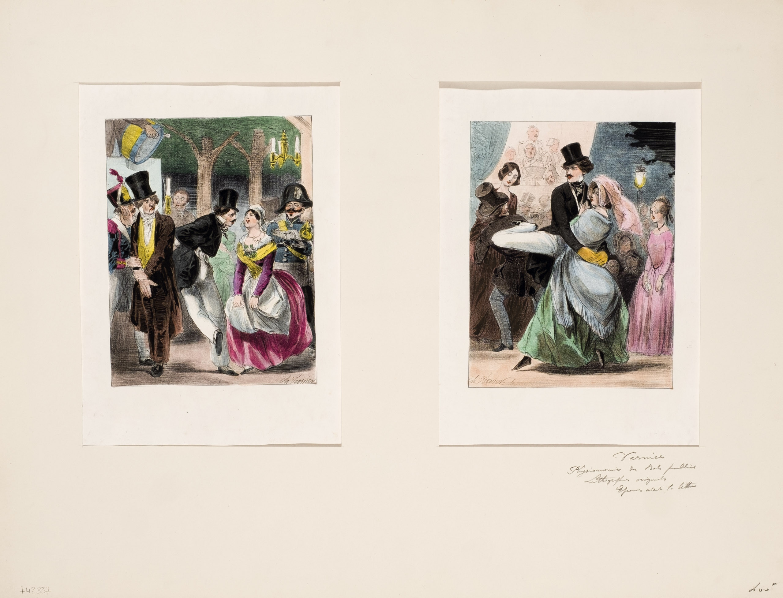 Two framed scenes depicting Victorian-era figures in formal attire dancing or socializing.