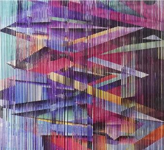A vibrant abstract composition featuring layered geometric shapes and vertical lines.