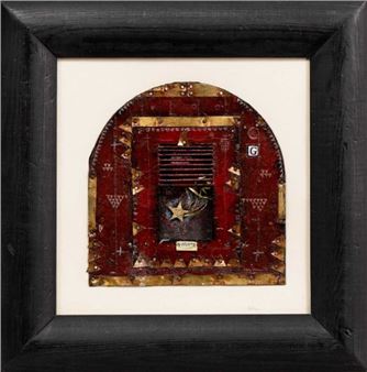 A mixed-media collage of a vintage radio housed in an arched frame.