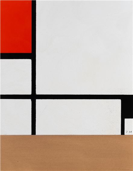 A painting of a red, black, white, and brown square on a brown background.