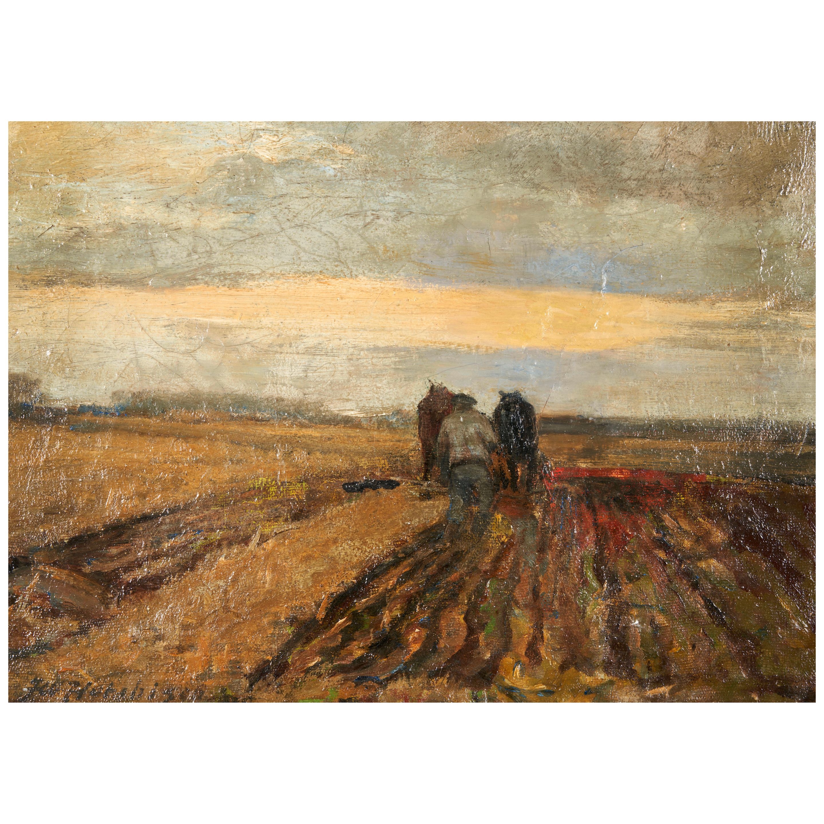 "A rustic oil painting of a plowed field with two figures walking away into the distance under a vast, textured sky."
