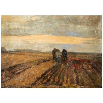 "A rustic oil painting of a plowed field with two figures walking away into the distance under a vast, textured sky."