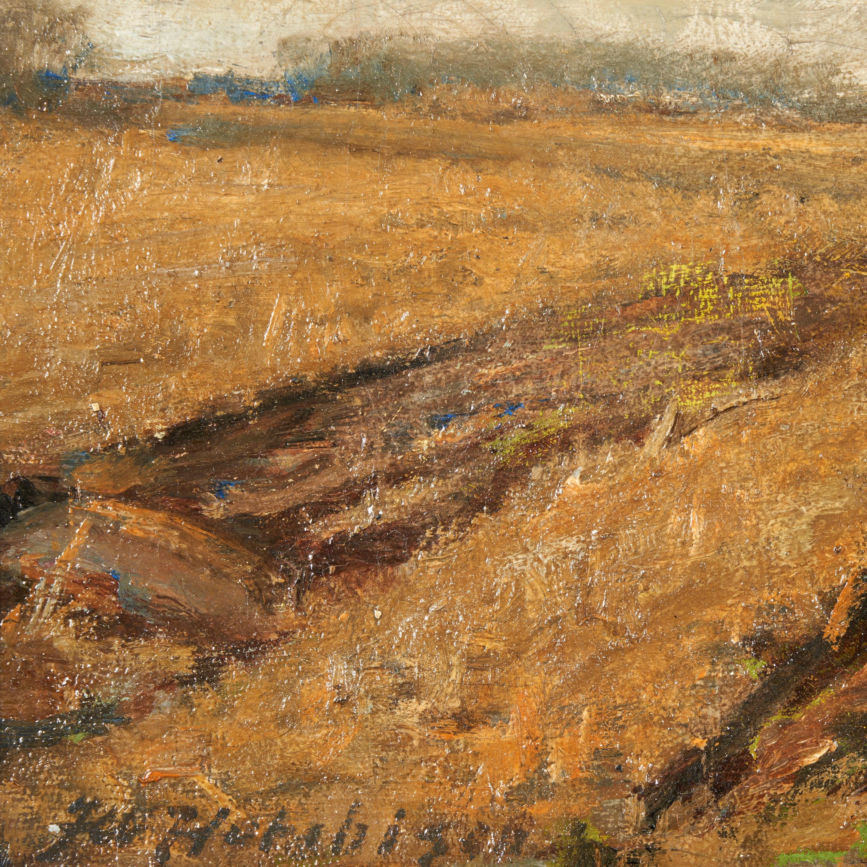 "A rustic oil painting of a plowed field with two figures walking away into the distance under a vast, textured sky."