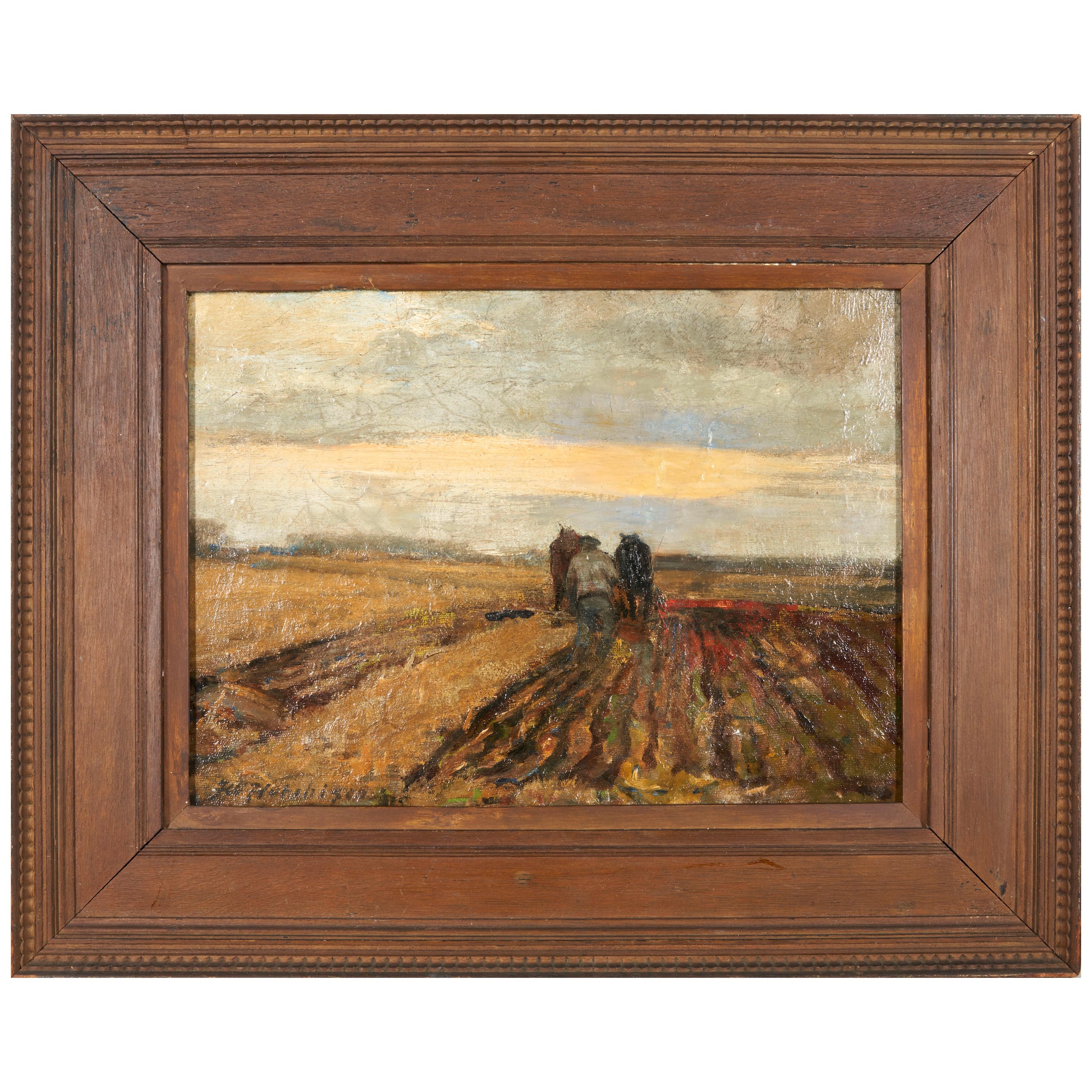 "A rustic oil painting of a plowed field with two figures walking away into the distance under a vast, textured sky."
