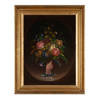 A classical still life painting of a hand holding a vibrant bouquet of flowers.