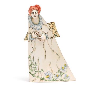 A paper doll with a red hat and a white dress.