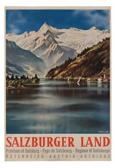 A vintage travel poster featuring majestic snow-capped mountains, a calm lake, and sailboats under a dramatic sky.