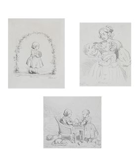 A set of three drawings of a woman and two children.