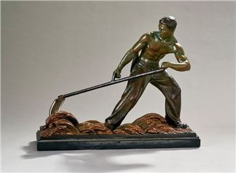 A bronze sculpture of a muscular figure plowing through stylized waves.