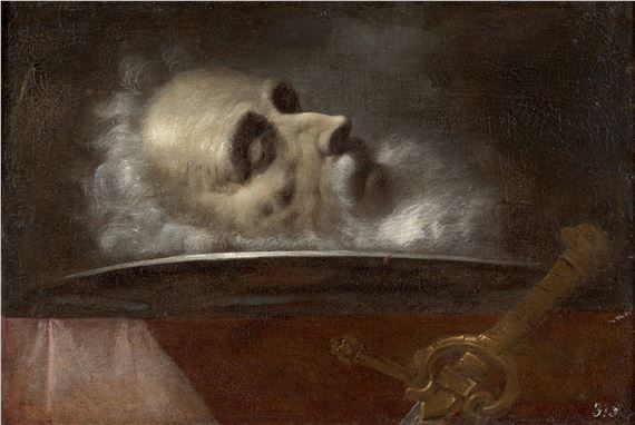 A somber still life featuring a disembodied head resting on a platter beside a sword.