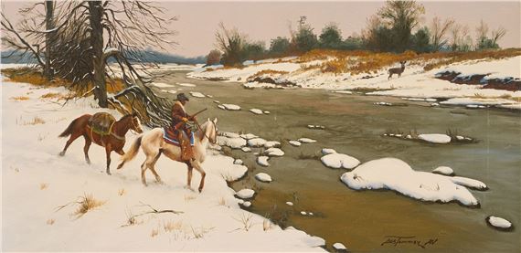 A winter river scene featuring a rider on horseback crossing the snowy bank.