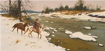 A winter river scene featuring a rider on horseback crossing the snowy bank.
