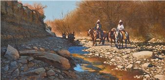 A tranquil landscape painting featuring two figures on horseback traversing a rocky riverbed.