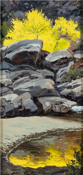 A vibrant landscape painting featuring a rocky riverbank with bright yellow foliage reflecting in the water.