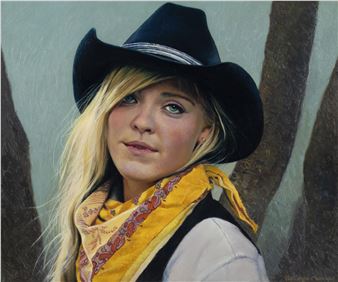 A portrait of a blonde figure in a cowboy hat and bandana, rendered with painterly detail against a textured background.
