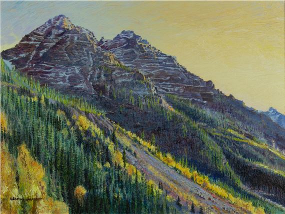 A painting of a mountain with trees in the foreground.