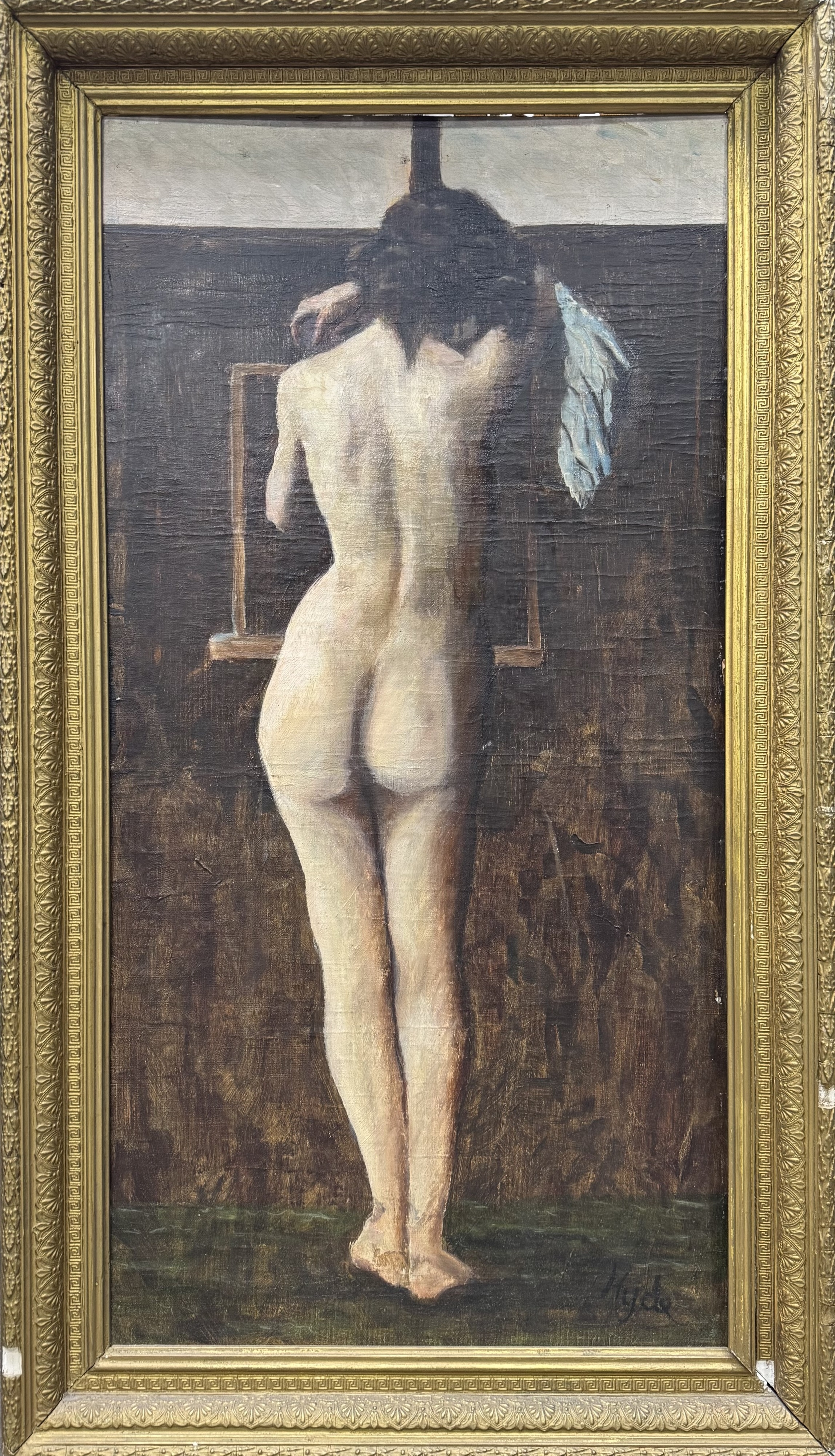 A classical-style painting of a nude figure from behind, holding a white feather against a dark background.