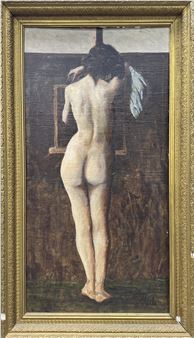 A classical-style painting of a nude figure from behind, holding a white feather against a dark background.