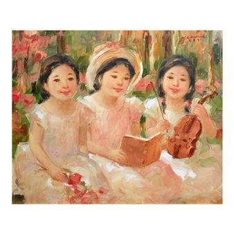 A soft, impressionistic painting of three young figures in a garden setting.