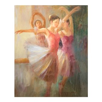 A soft, impressionistic painting of three ballerinas in pink and white tutus captured mid-movement.