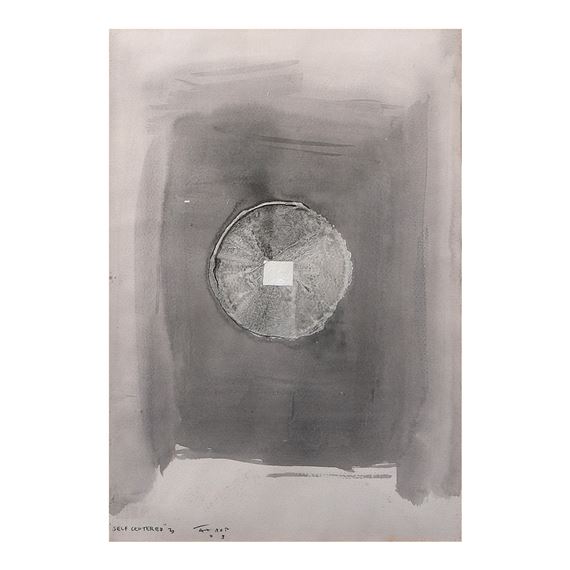 A monochromatic drawing featuring a central circular object with a square detail inside a dark rectangular frame.