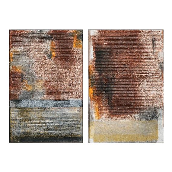 A diptych of textured abstract art featuring earthy tones and horizontal striations.
