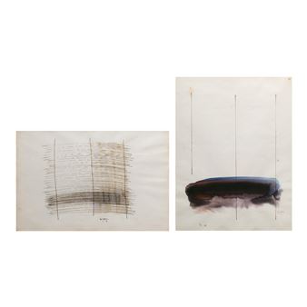 A diptych of abstract studies featuring inked lines and a dark, organic shape against aged paper.