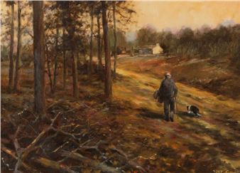 A painting of a man walking a dog in the woods.