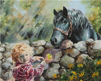 A painting of a child and a horse in a field.