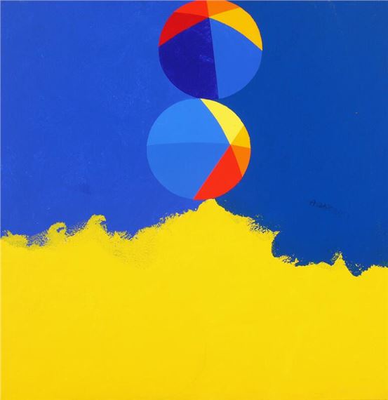 A bold graphic composition featuring two multi-colored spheres floating above a jagged yellow horizon against a deep blue background.