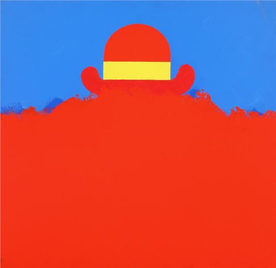 A bold graphic composition featuring a red hat-like shape against a blue background.