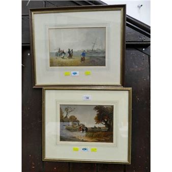 A framed display of two small landscape paintings featuring figures and boats.
