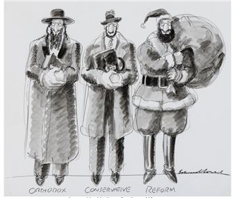 A drawing of three men dressed in traditional Jewish clothing.