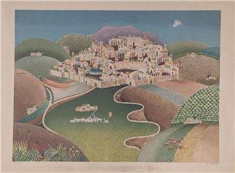 A stylized landscape print featuring a dense city nestled among rolling hills and a winding river.