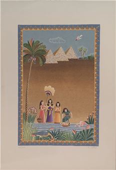 A vibrant folk-art print depicting four figures in colorful robes standing by a river with pyramids and palm trees in the background.