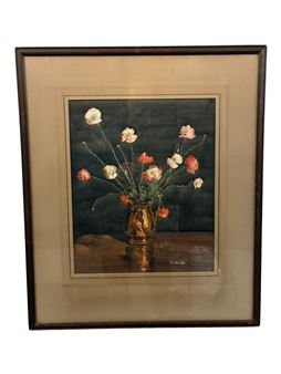 A classical still life painting of a bouquet in a golden vase.