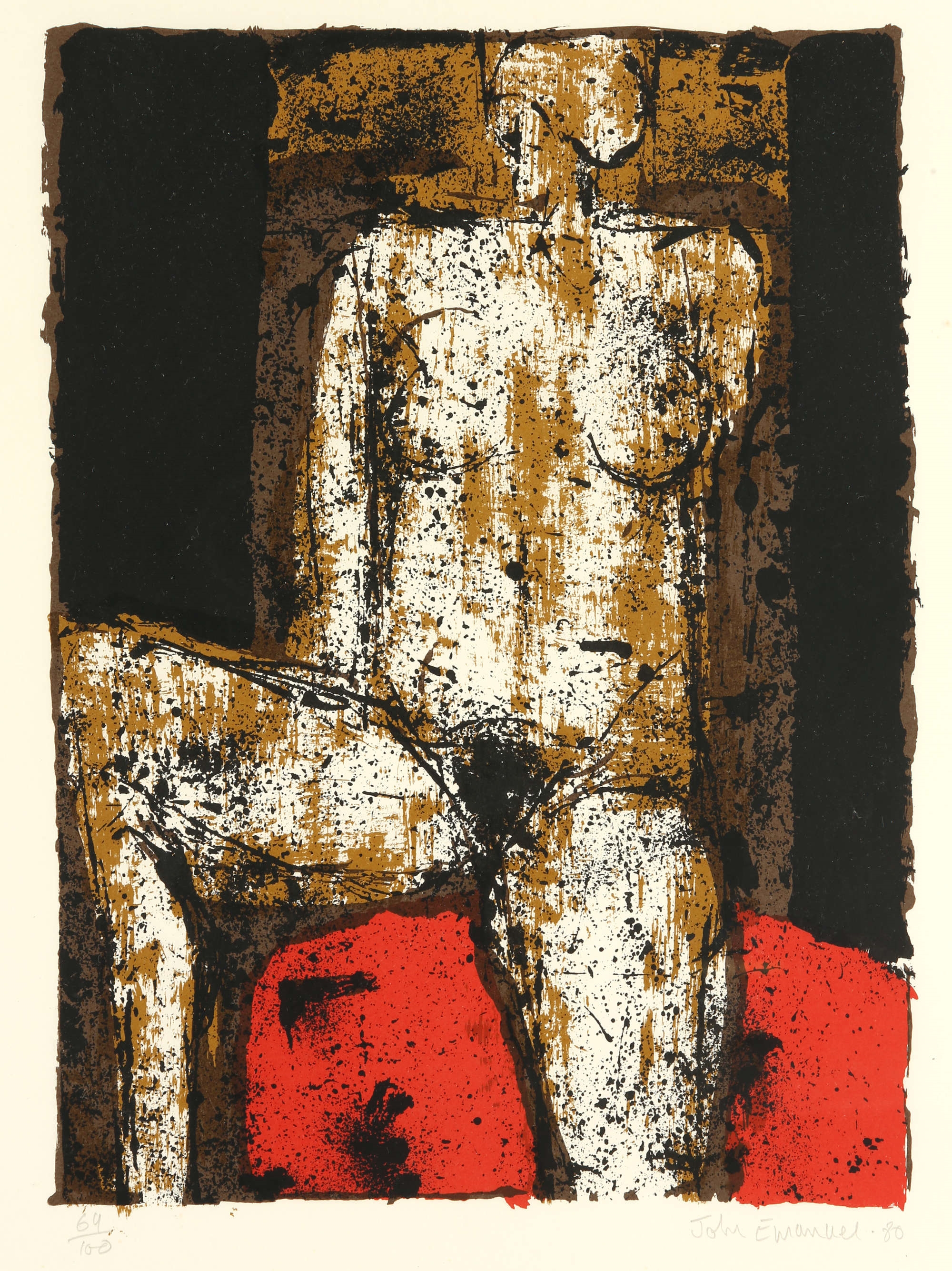 A bold, abstract print of a seated figure rendered in textured earth tones against a stark black background.