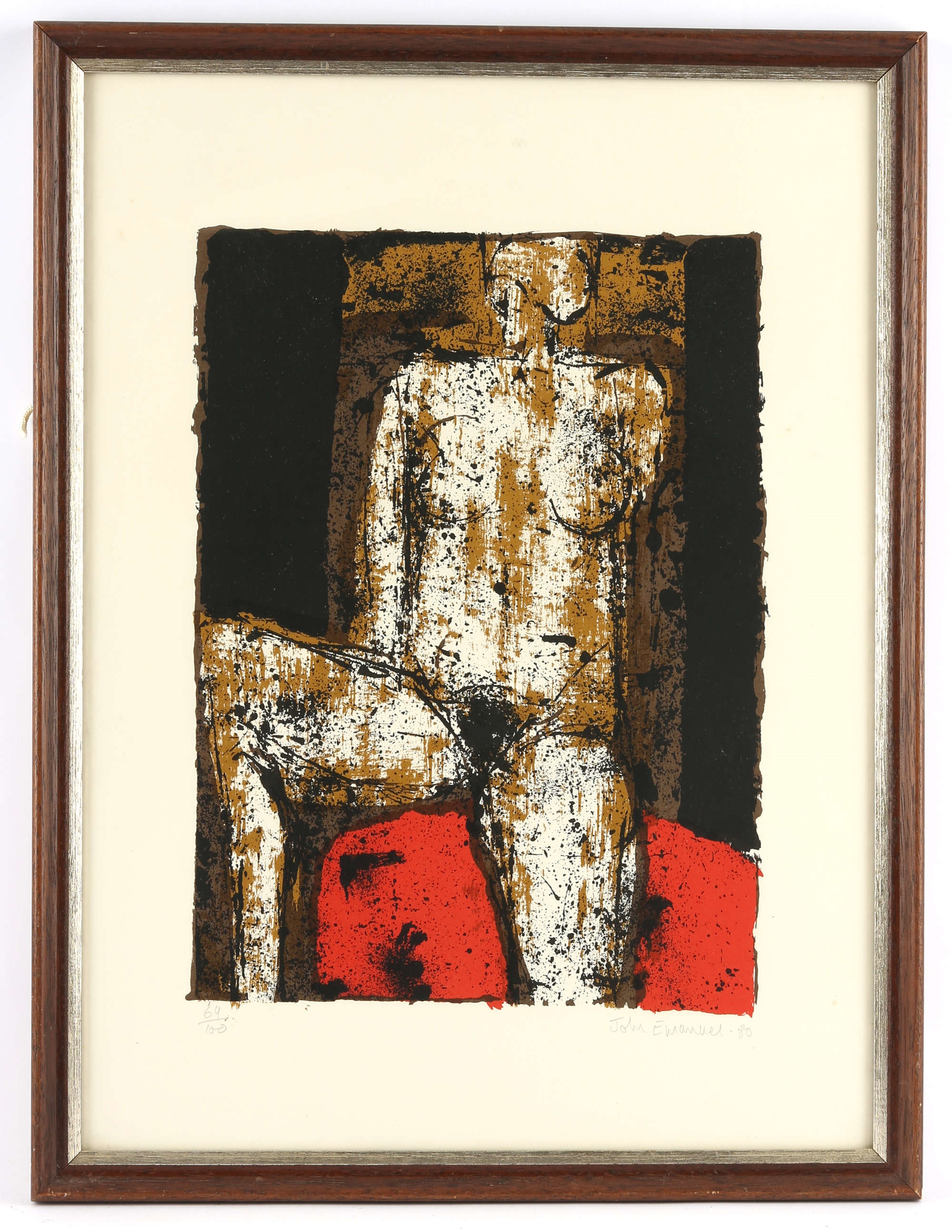 A bold, abstract print of a seated figure rendered in textured earth tones against a stark black background.