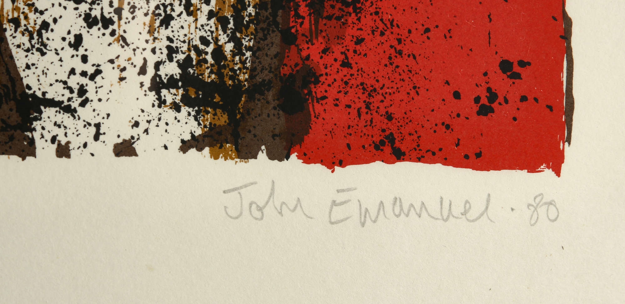 A bold, abstract print of a seated figure rendered in textured earth tones against a stark black background.
