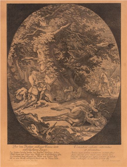 A dramatic woodcut print depicting a mythological battle scene within an oval frame.