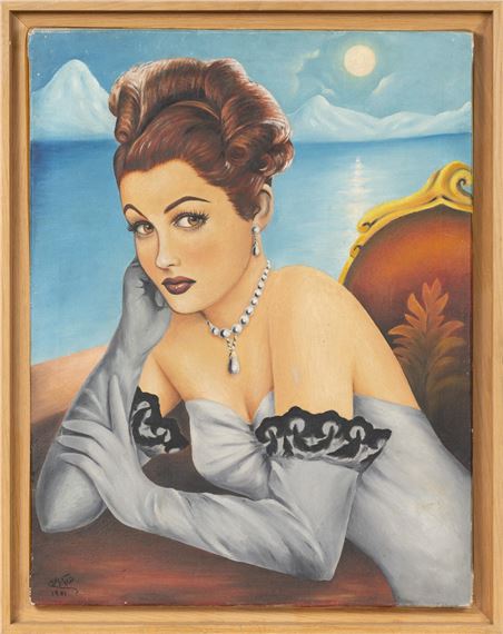 A glamorous portrait of a woman in vintage attire against a surreal seascape.