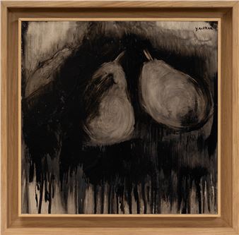A monochromatic still life of three pears rendered in heavy, dripping ink.