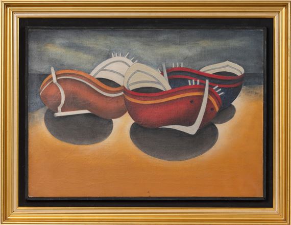 A still life of three stylized ceramic bowls resting on a sandy surface against a cloudy sky.