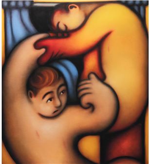 A tender, stylized painting of a mother and child in an intimate embrace.