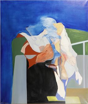 An abstract composition of draped fabric forms against a deep blue background.